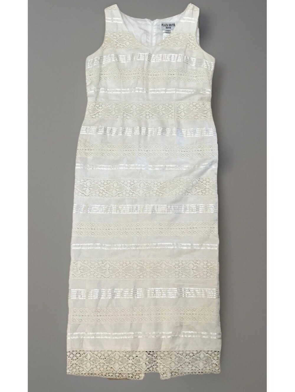 Vtg Linen Bl 6P Ivory Sleeveless Lace Trim Long Sheath Plaza South Coastal Mom